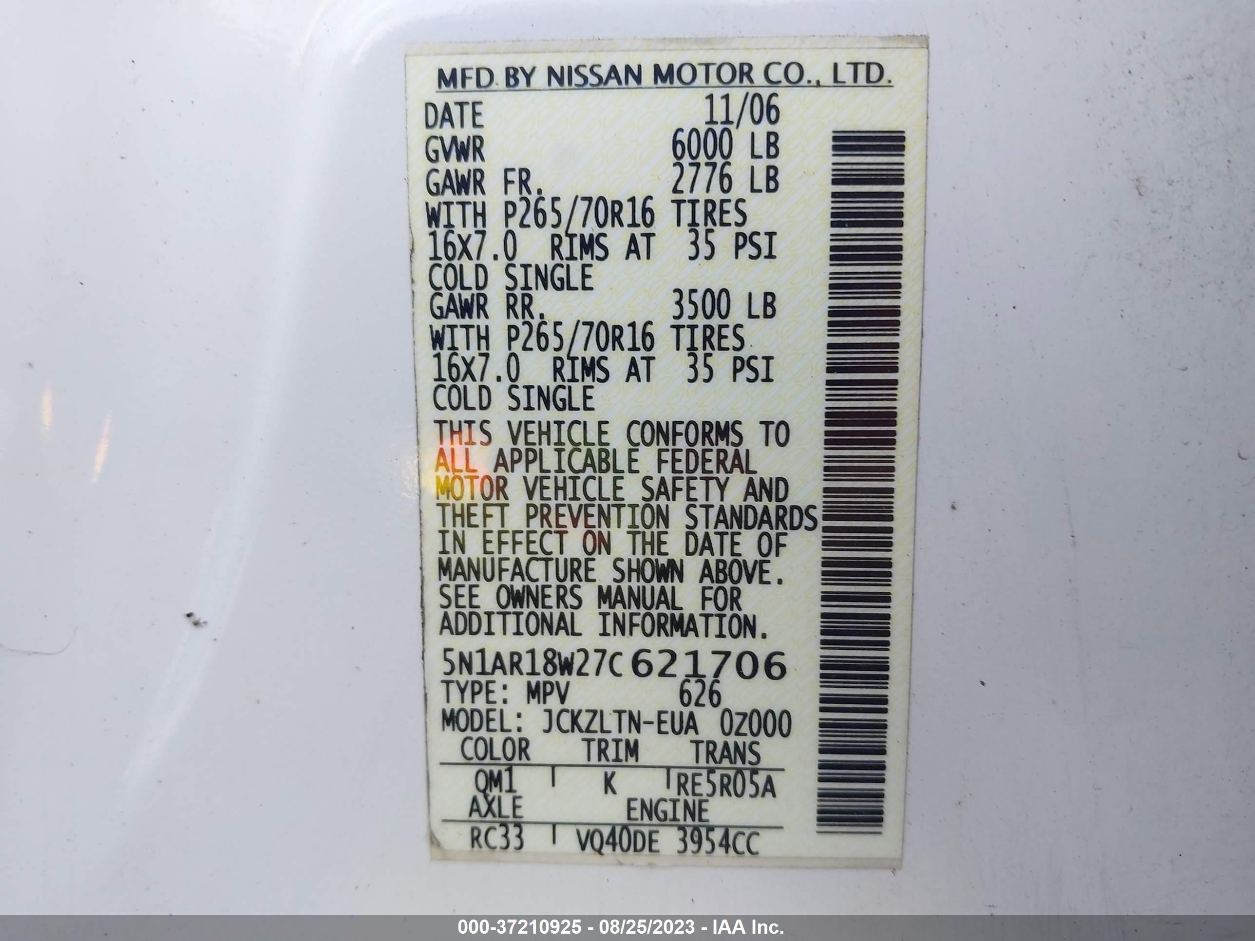 Photo 8 VIN: 5N1AR18W27C621706 - NISSAN PATHFINDER 