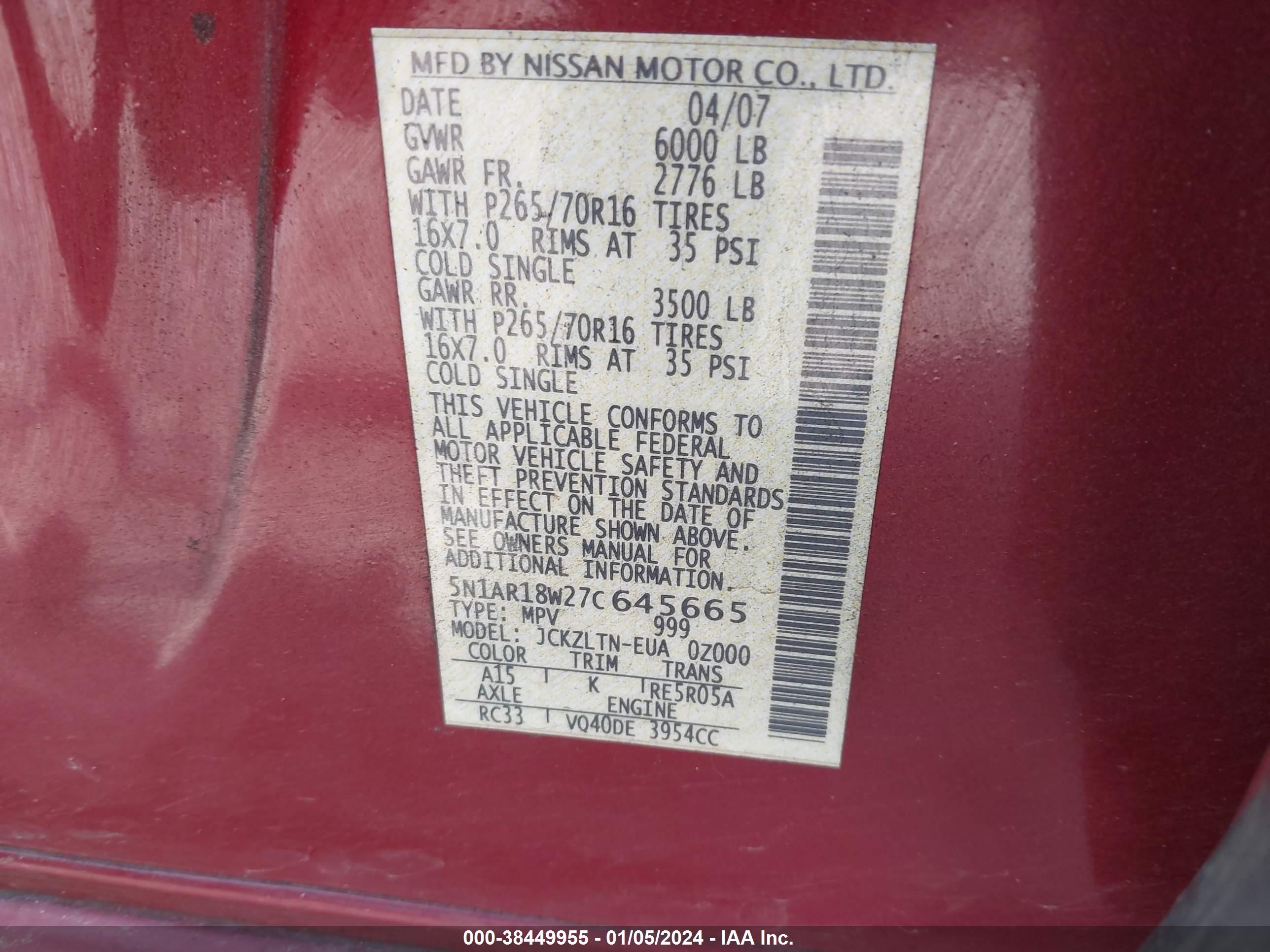 Photo 8 VIN: 5N1AR18W27C645665 - NISSAN PATHFINDER 