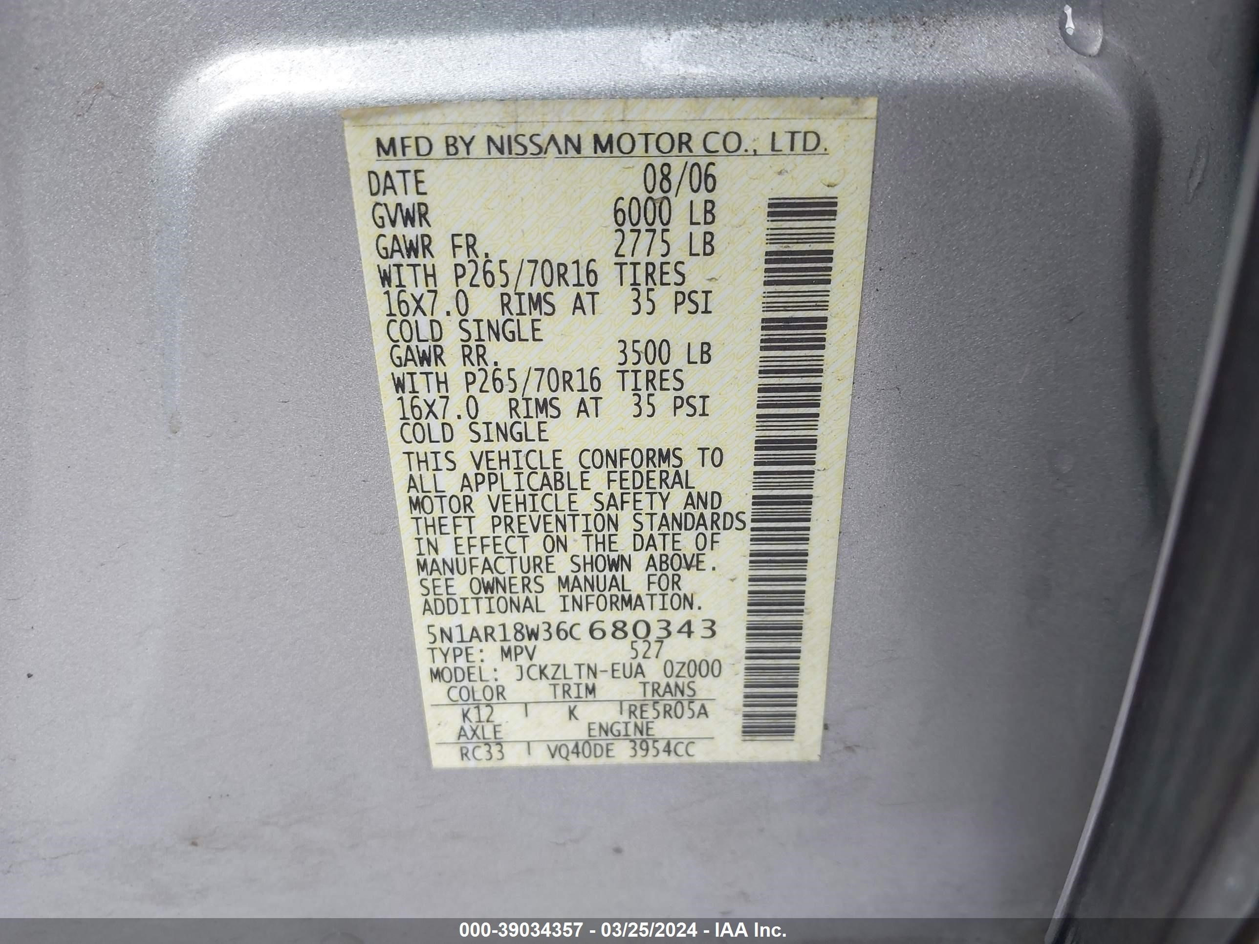 Photo 8 VIN: 5N1AR18W36C680343 - NISSAN PATHFINDER 