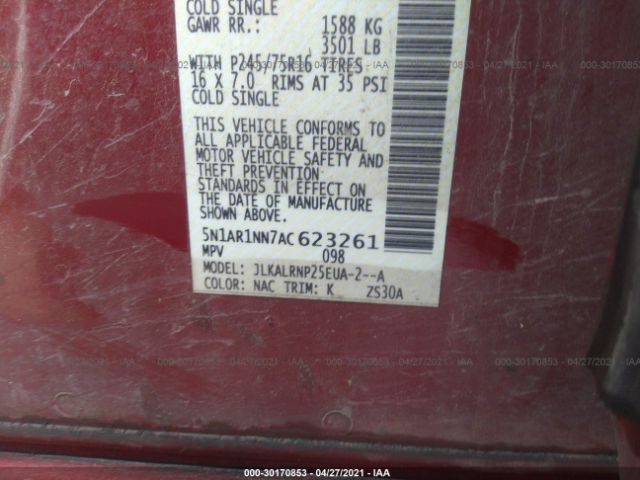 Photo 8 VIN: 5N1AR1NN7AC623261 - NISSAN PATHFINDER 