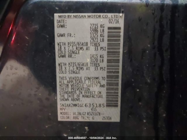 Photo 8 VIN: 5N1AR2MM1GC635185 - NISSAN PATHFINDER 