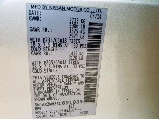 Photo 9 VIN: 5N1AR2MM2EC691939 - NISSAN PATHFINDER 