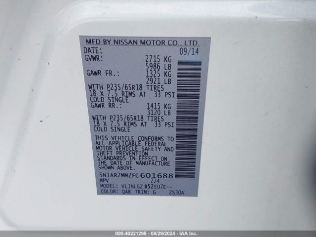 Photo 8 VIN: 5N1AR2MM2FC601688 - NISSAN PATHFINDER 