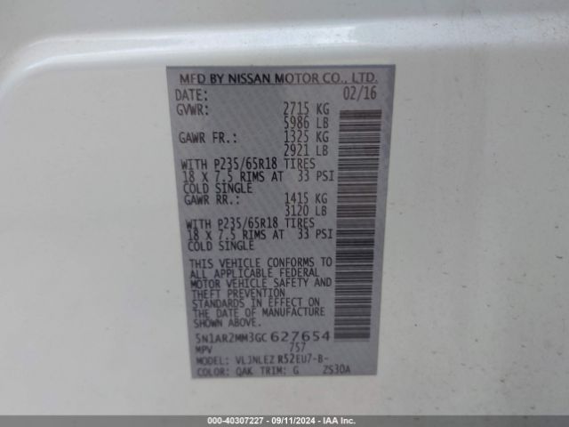 Photo 8 VIN: 5N1AR2MM3GC627654 - NISSAN PATHFINDER 