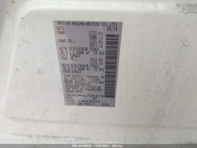 Photo 8 VIN: 5N1AR2MM4EC726478 - NISSAN PATHFINDER 