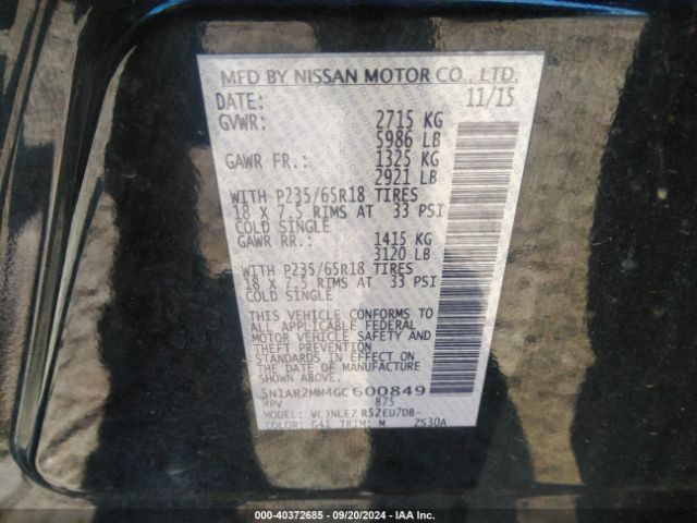 Photo 8 VIN: 5N1AR2MM4GC600849 - NISSAN PATHFINDER 