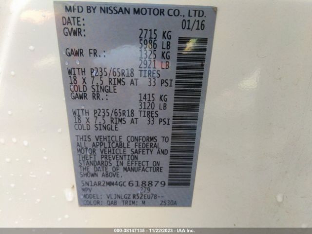 Photo 8 VIN: 5N1AR2MM4GC618879 - NISSAN PATHFINDER 