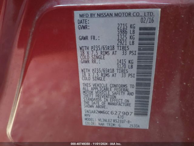 Photo 8 VIN: 5N1AR2MM6GC627907 - NISSAN PATHFINDER 