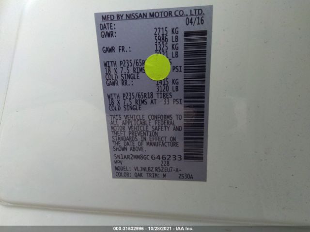 Photo 8 VIN: 5N1AR2MM8GC646233 - NISSAN PATHFINDER 