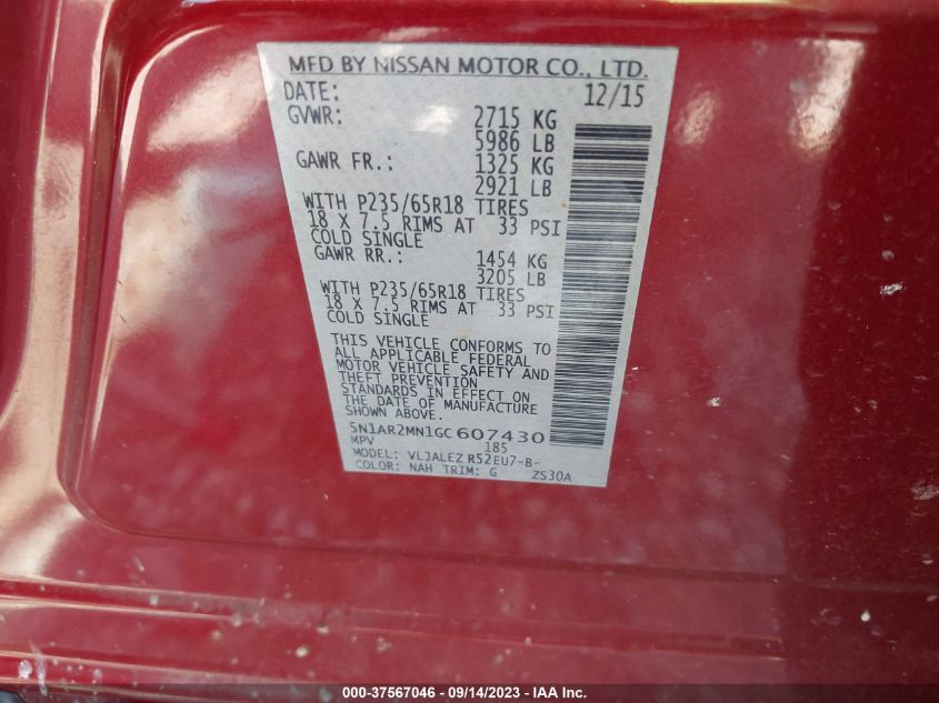 Photo 8 VIN: 5N1AR2MN1GC607430 - NISSAN PATHFINDER 