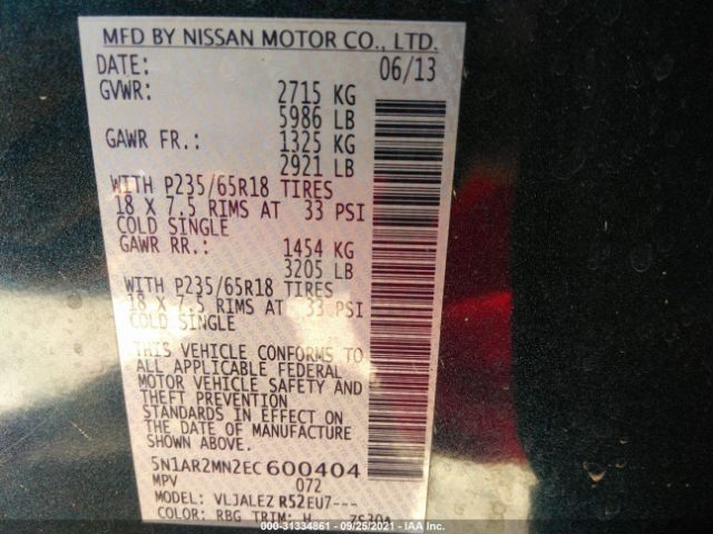 Photo 8 VIN: 5N1AR2MN2EC600404 - NISSAN PATHFINDER 