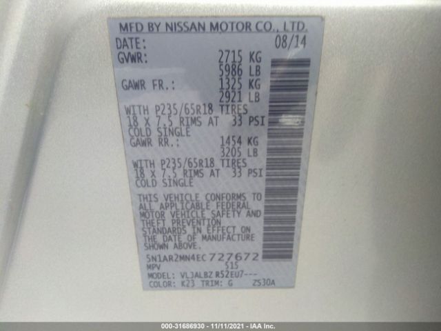 Photo 8 VIN: 5N1AR2MN4EC727672 - NISSAN PATHFINDER 