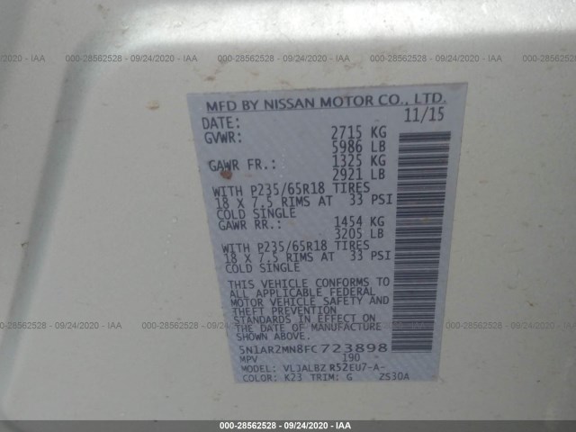 Photo 8 VIN: 5N1AR2MN8FC723898 - NISSAN PATHFINDER 