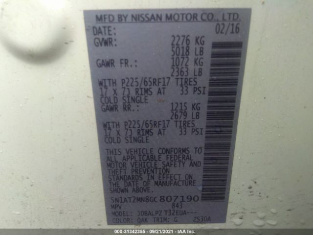 Photo 8 VIN: 5N1AT2MN8GC807190 - NISSAN ROGUE 