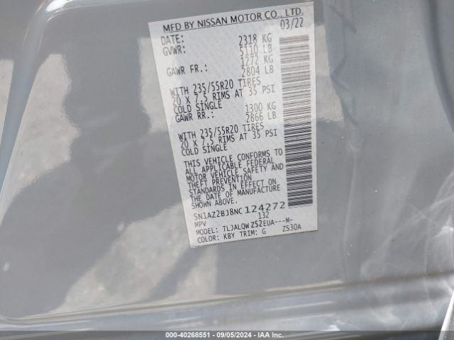 Photo 8 VIN: 5N1AZ2BJ8NC124272 - NISSAN MURANO 