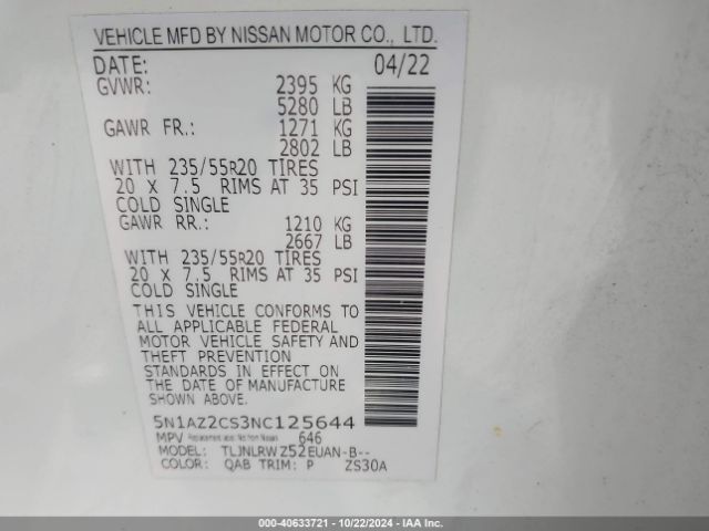 Photo 8 VIN: 5N1AZ2CS3NC125644 - NISSAN MURANO 