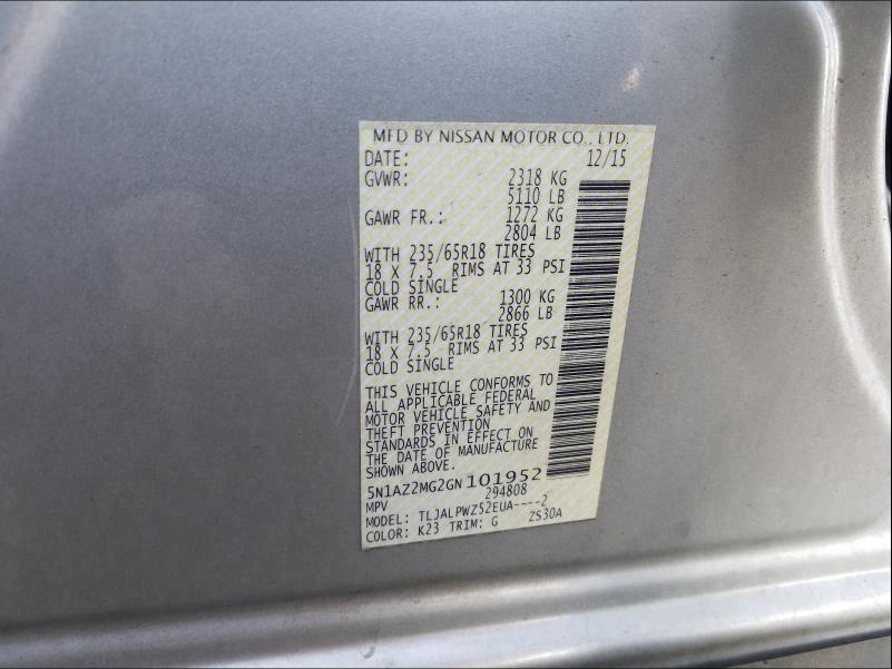 Photo 9 VIN: 5N1AZ2MG2GN101952 - NISSAN MURANO S 