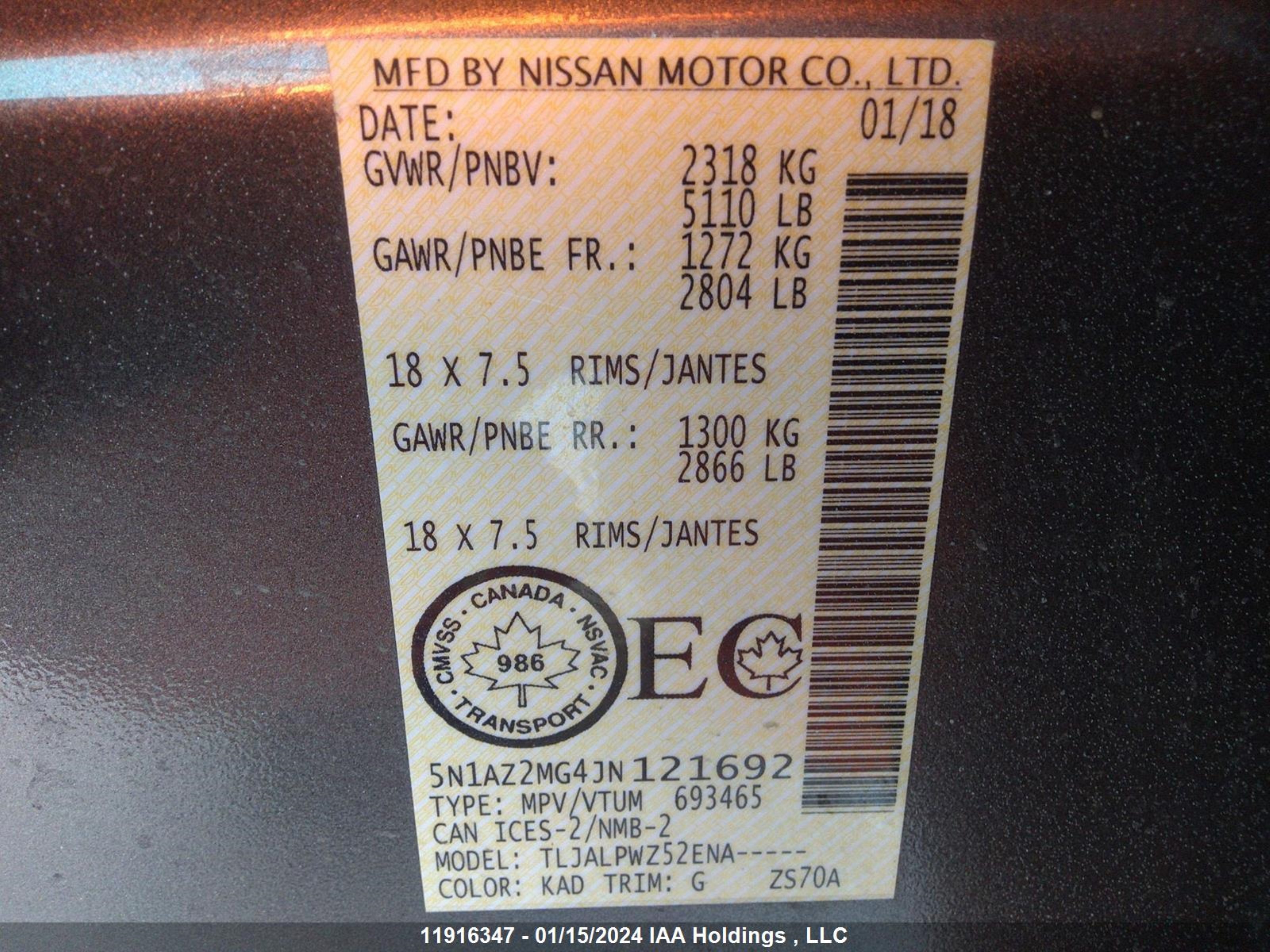 Photo 8 VIN: 5N1AZ2MG4JN121692 - NISSAN MURANO 