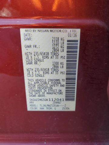 Photo 12 VIN: 5N1AZ2MG5GN112041 - NISSAN MURANO S 