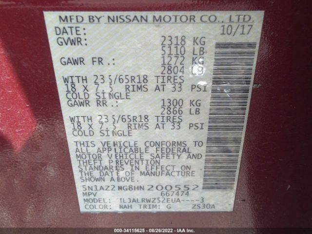 Photo 8 VIN: 5N1AZ2MG8HN200552 - NISSAN MURANO 