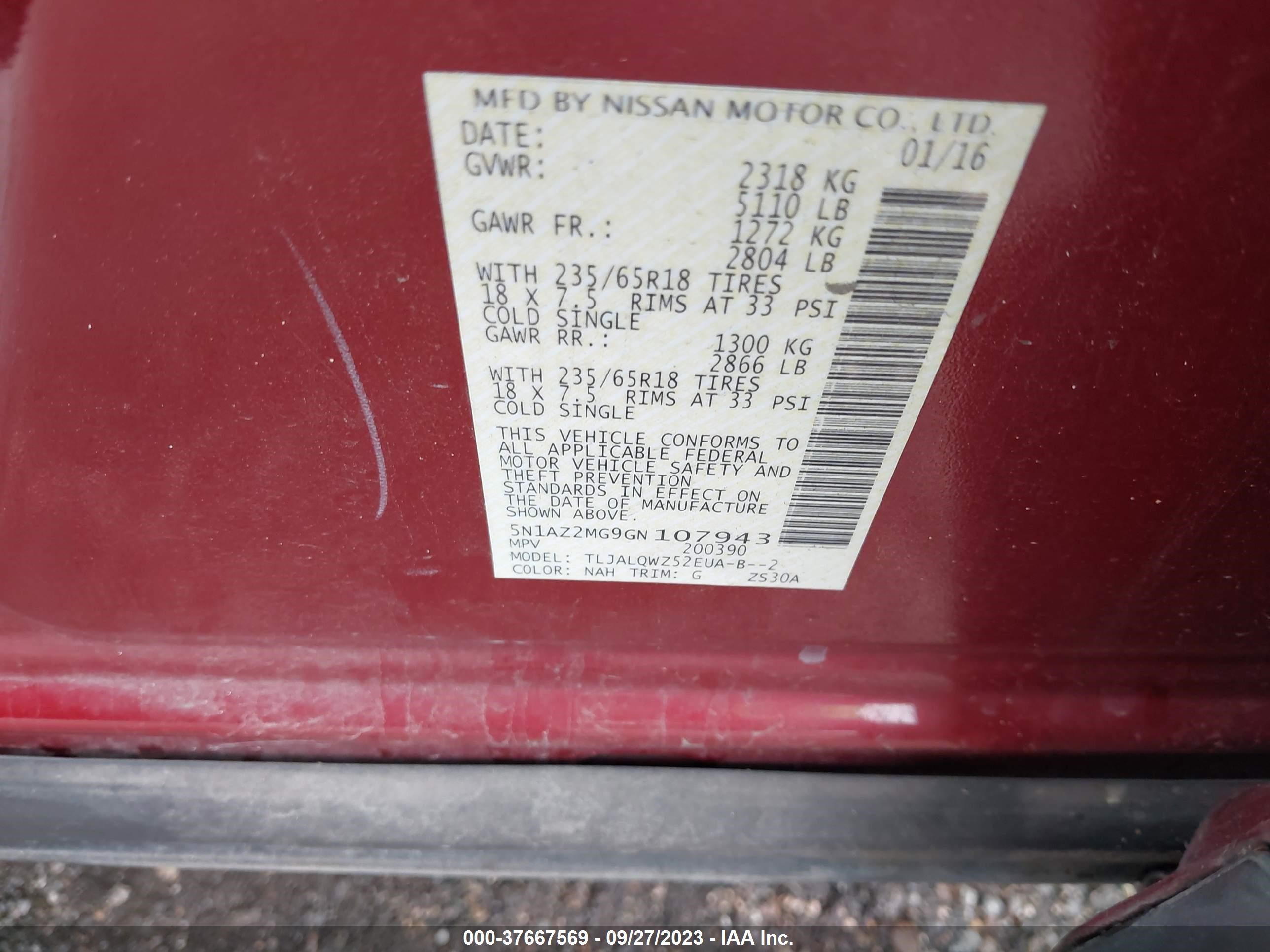 Photo 8 VIN: 5N1AZ2MG9GN107943 - NISSAN MURANO 