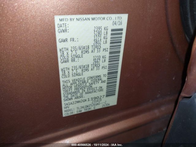 Photo 8 VIN: 5N1AZ2MH2GN139027 - NISSAN MURANO 