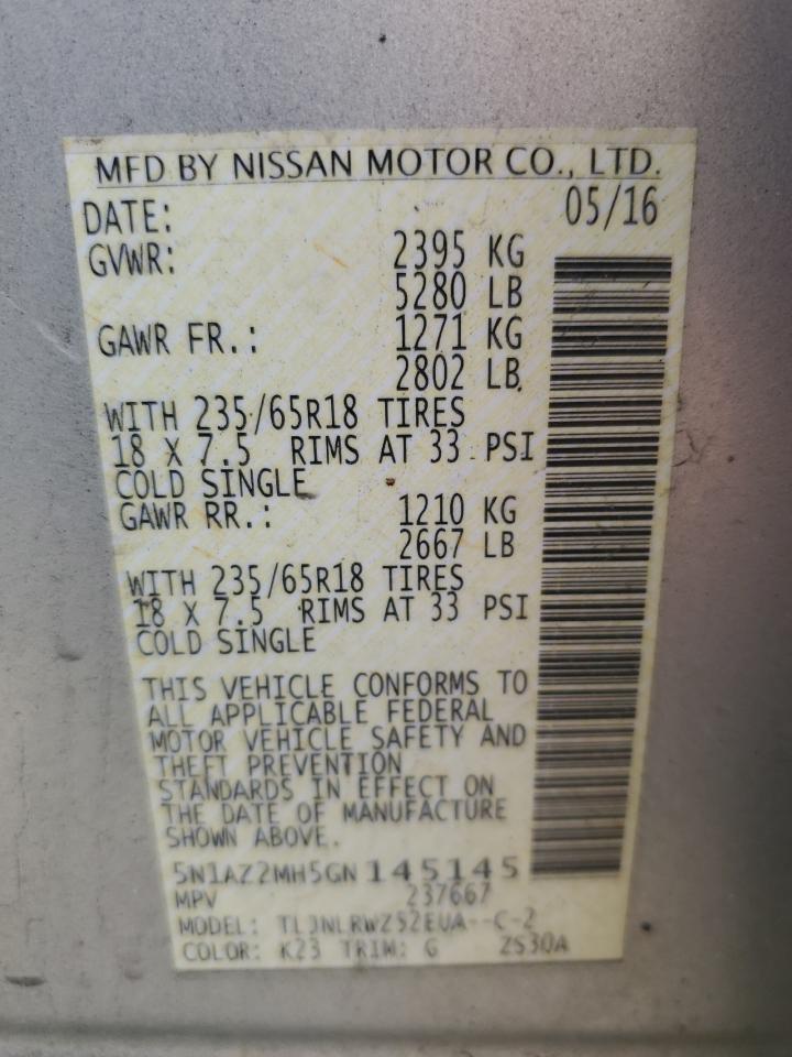 Photo 12 VIN: 5N1AZ2MH5GN145145 - NISSAN MURANO 