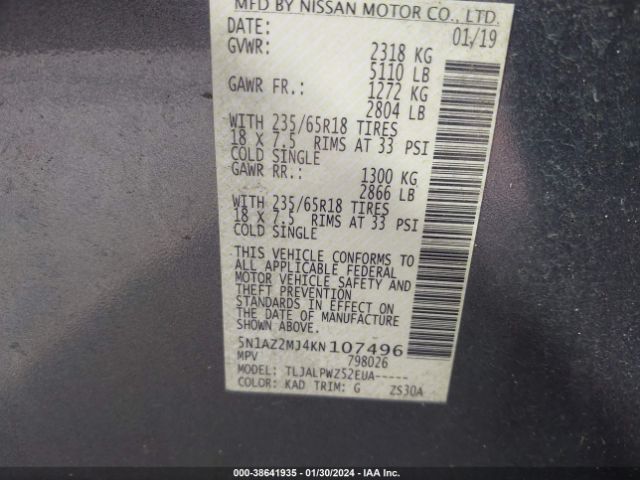 Photo 8 VIN: 5N1AZ2MJ4KN107496 - NISSAN MURANO 