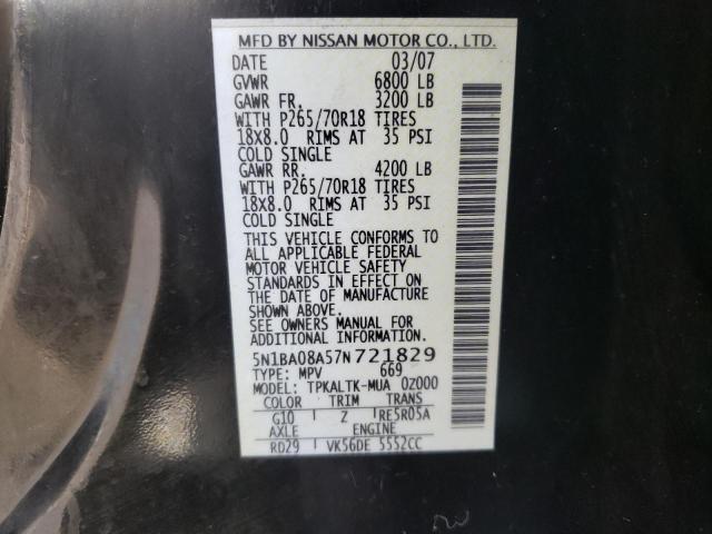 Photo 9 VIN: 5N1BA08A57N721829 - NISSAN ARMADA SE 