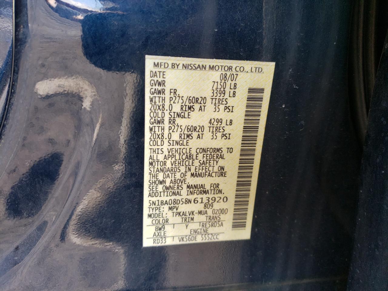 Photo 12 VIN: 5N1BA08D58N613920 - NISSAN ARMADA 