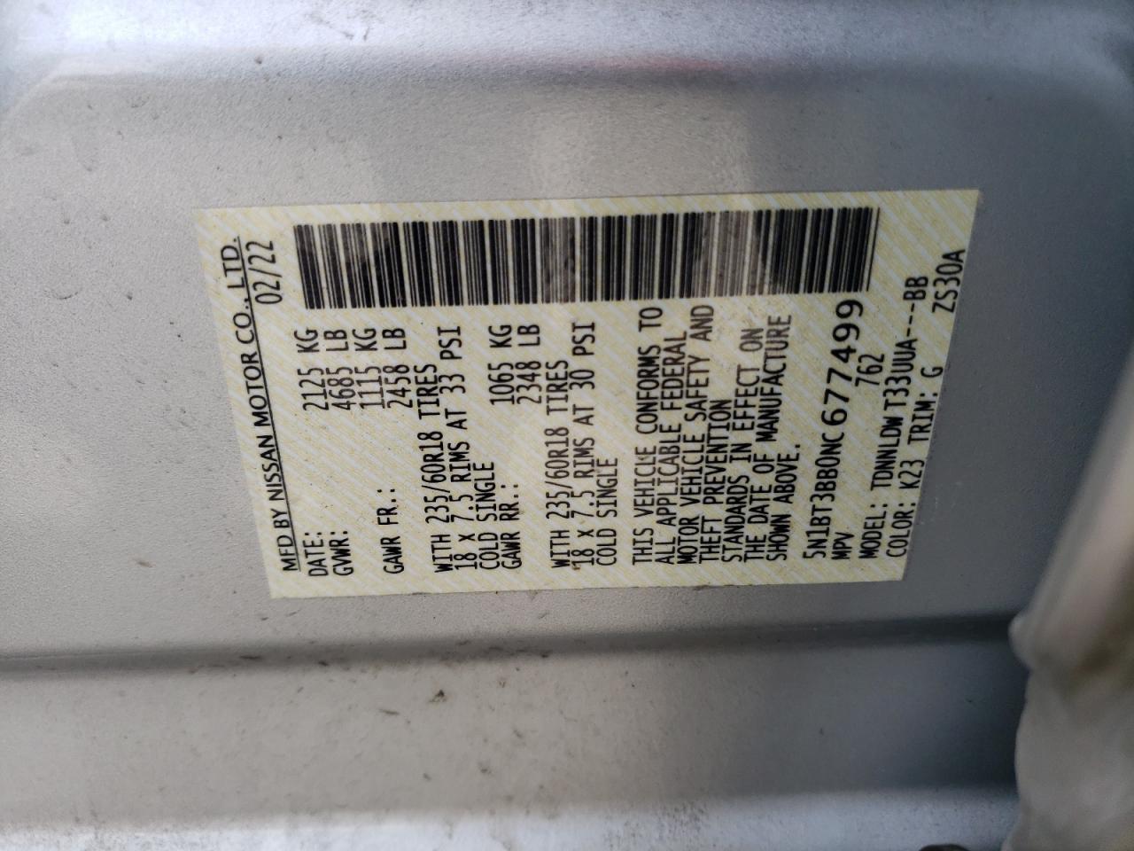 Photo 12 VIN: 5N1BT3BB0NC677499 - NISSAN ROGUE 