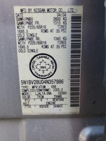 Photo 12 VIN: 5N1BV28U04N357986 - NISSAN QUEST 