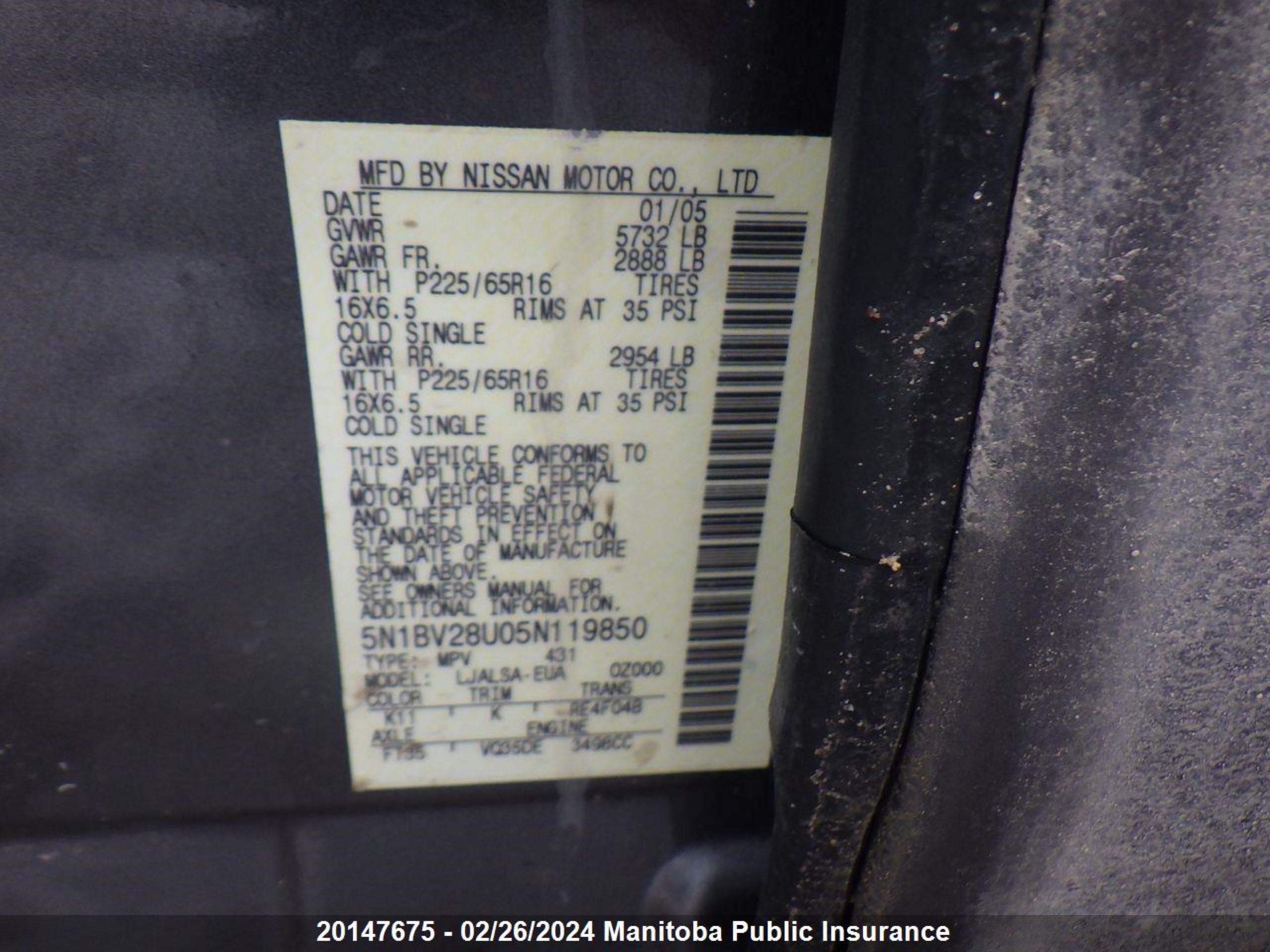 Photo 3 VIN: 5N1BV28U05N119850 - NISSAN QUEST 