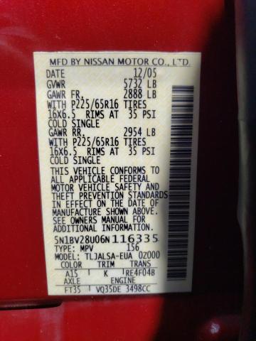 Photo 12 VIN: 5N1BV28U06N116335 - NISSAN QUEST S 