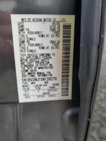 Photo 12 VIN: 5N1BV28U15N139279 - NISSAN QUEST 