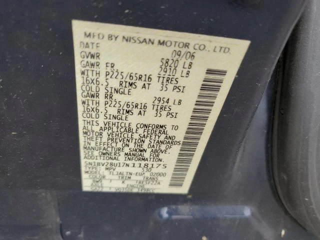 Photo 12 VIN: 5N1BV28U17N118175 - NISSAN QUEST 