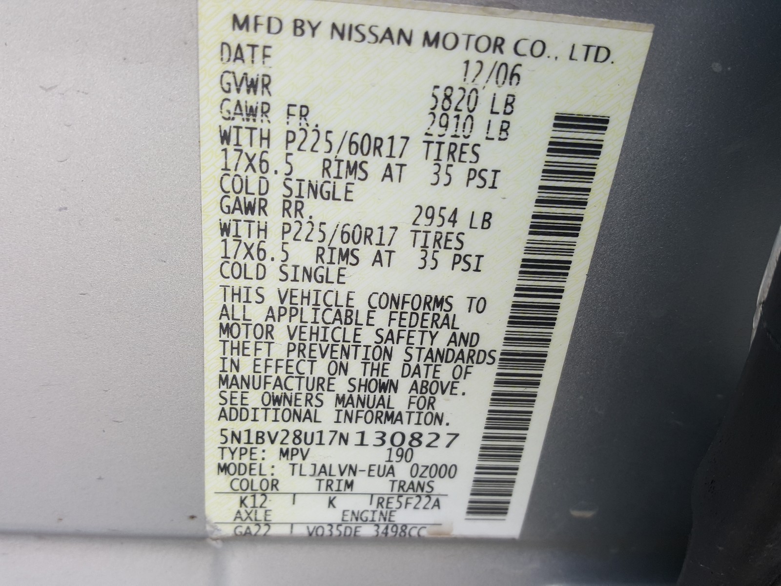 Photo 9 VIN: 5N1BV28U17N130827 - NISSAN QUEST S 