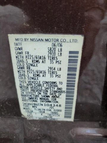 Photo 12 VIN: 5N1BV28U27N104348 - NISSAN QUEST S 