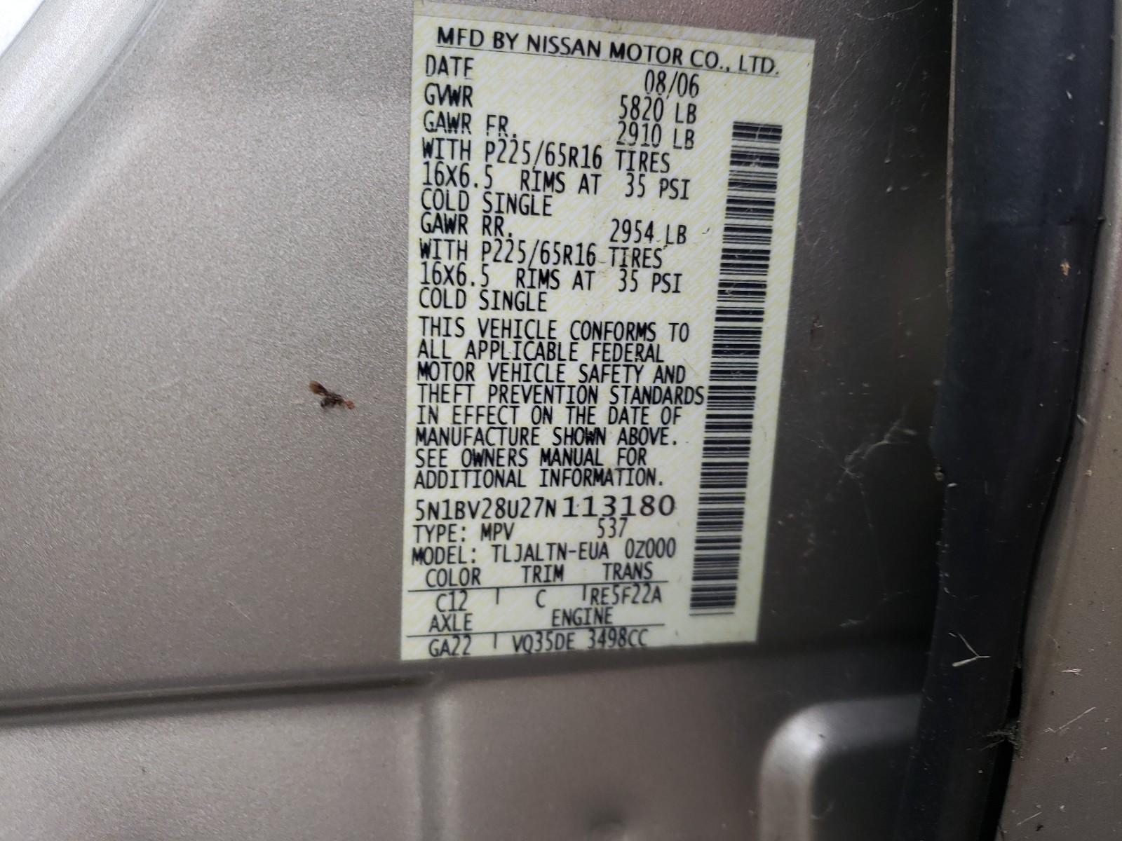 Photo 9 VIN: 5N1BV28U27N113180 - NISSAN QUEST S 