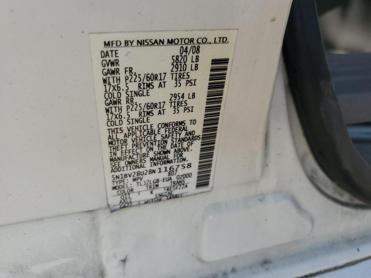 Photo 12 VIN: 5N1BV28U28N116758 - NISSAN QUEST 