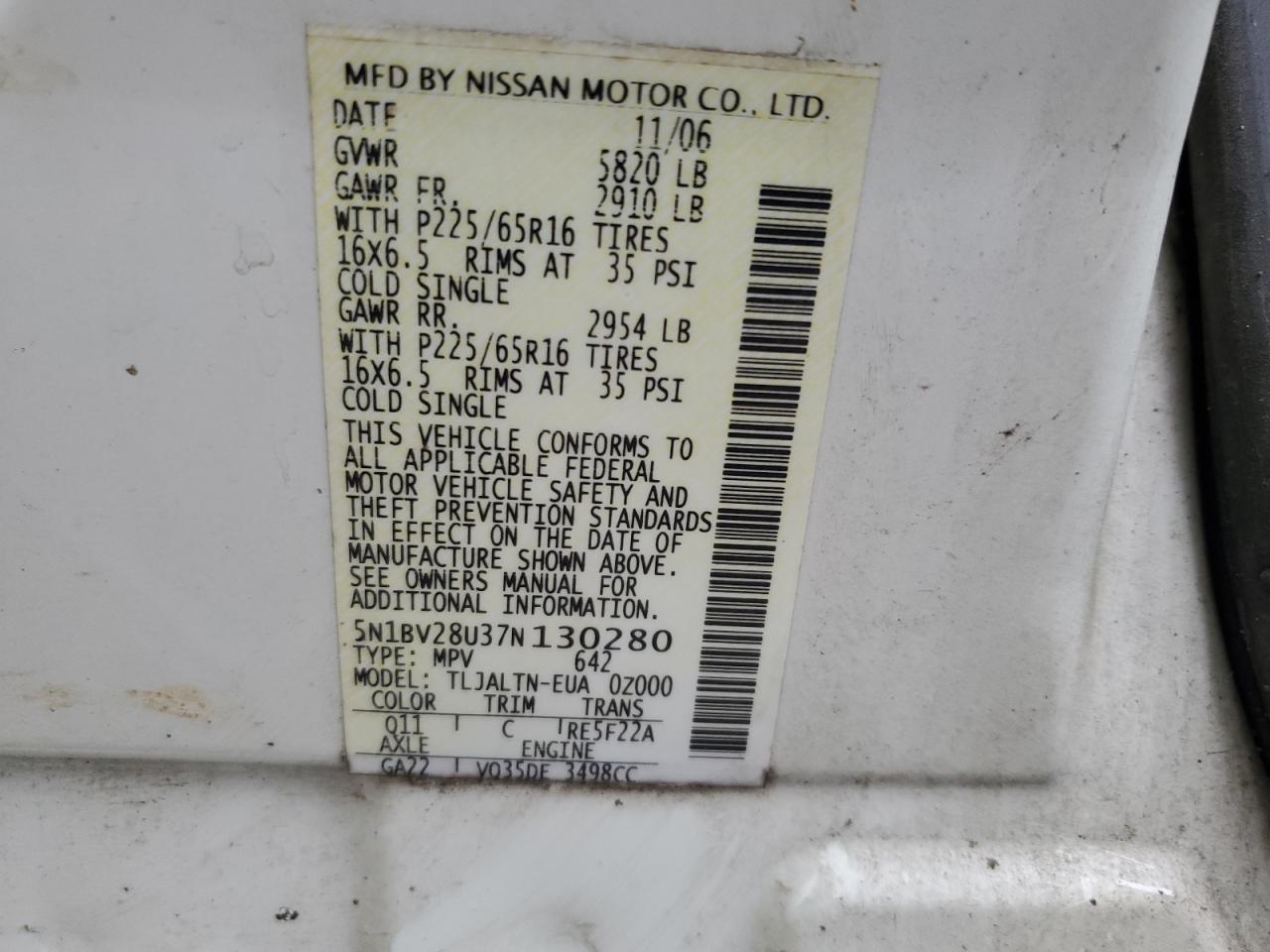 Photo 13 VIN: 5N1BV28U37N130280 - NISSAN QUEST 