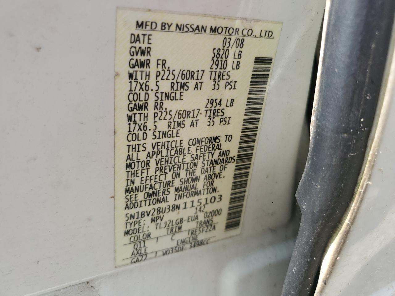 Photo 11 VIN: 5N1BV28U38N115103 - NISSAN QUEST 