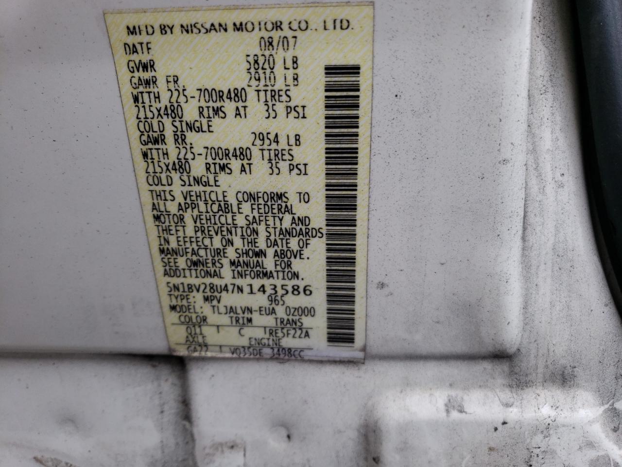 Photo 12 VIN: 5N1BV28U47N143586 - NISSAN QUEST 