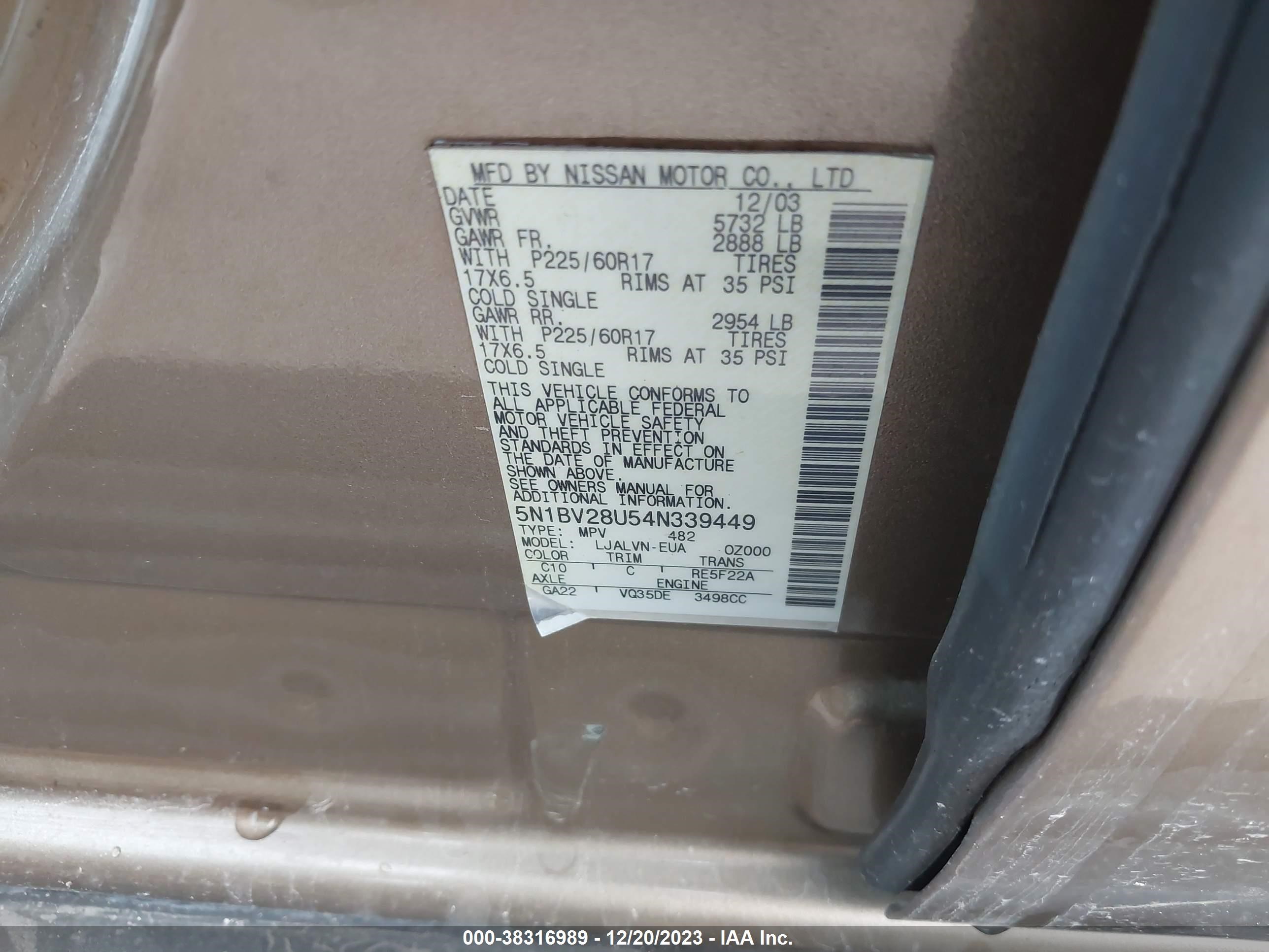 Photo 8 VIN: 5N1BV28U54N339449 - NISSAN QUEST 