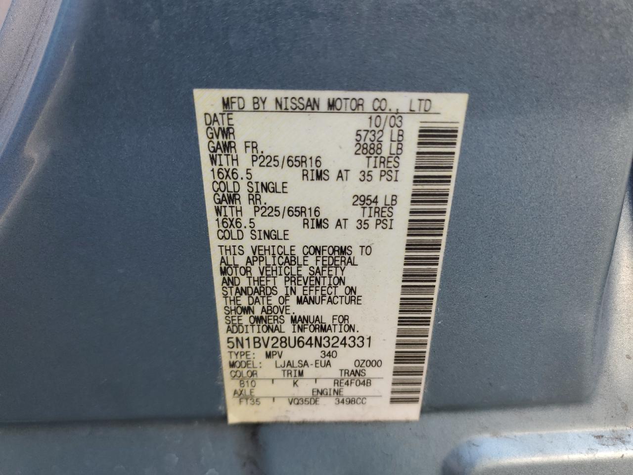 Photo 11 VIN: 5N1BV28U64N324331 - NISSAN QUEST 