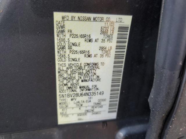 Photo 12 VIN: 5N1BV28U64N335149 - NISSAN QUEST S 