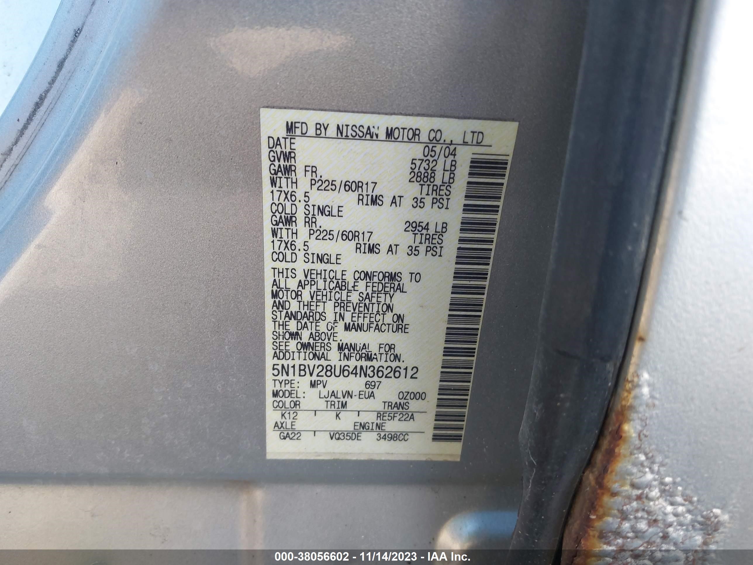 Photo 8 VIN: 5N1BV28U64N362612 - NISSAN QUEST 