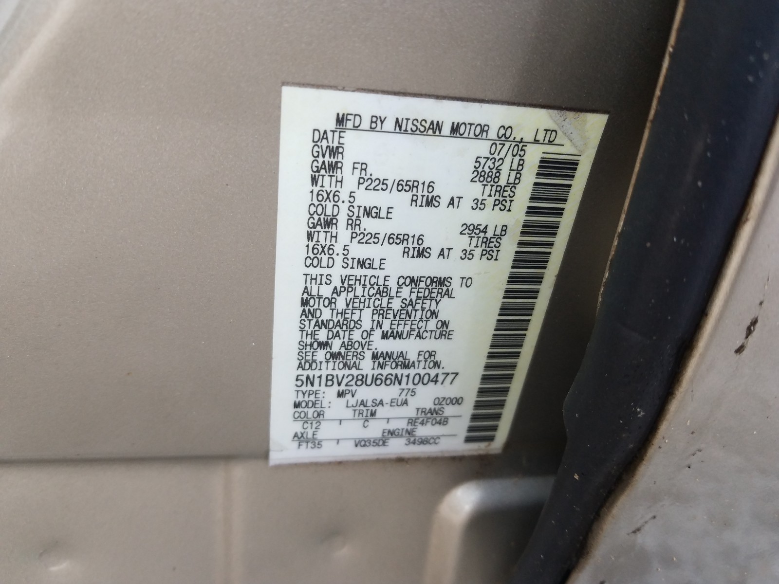 Photo 9 VIN: 5N1BV28U66N100477 - NISSAN QUEST S 