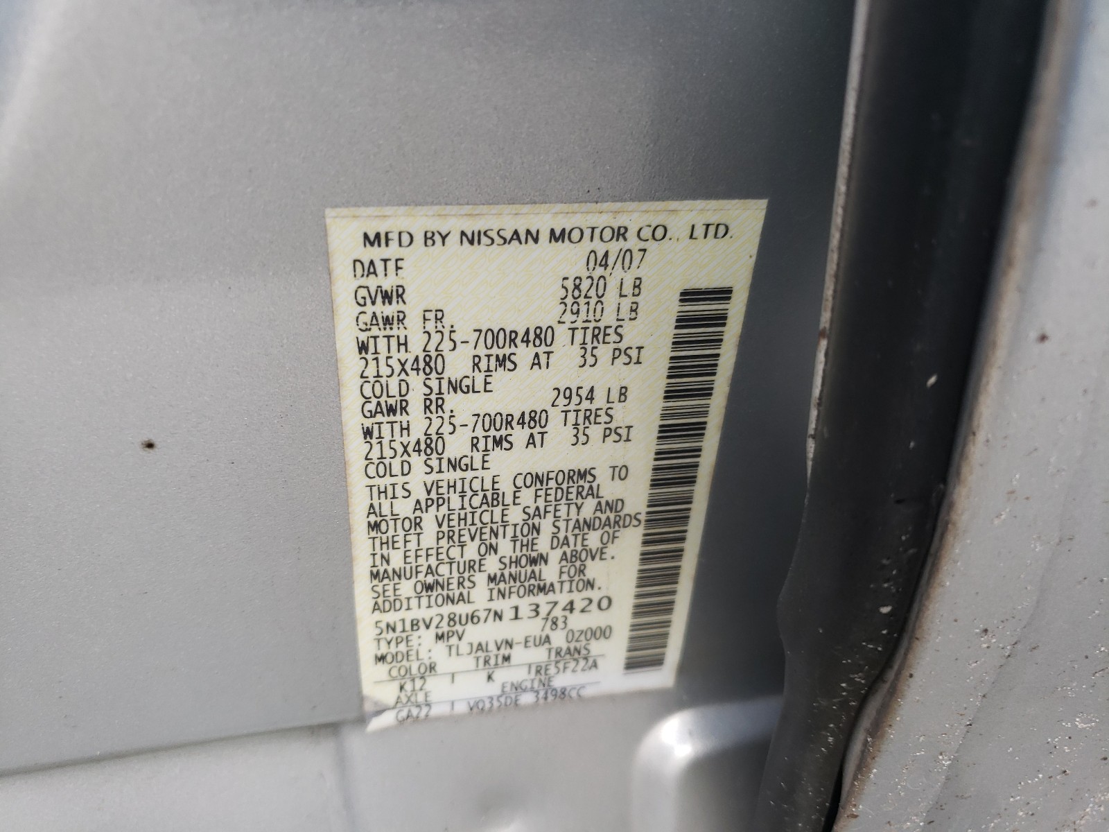 Photo 9 VIN: 5N1BV28U67N137420 - NISSAN QUEST 3.5S 