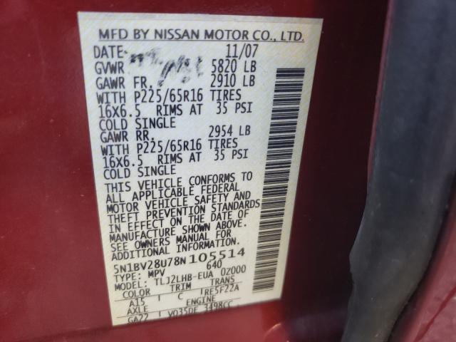 Photo 9 VIN: 5N1BV28U78N105514 - NISSAN QUEST S 